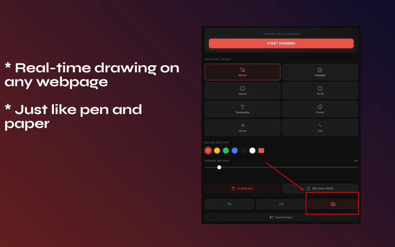 Draw & Highlight panel with Start Drawing, marker, highlight, square, circle, text, eraser, arrow and line tools, color dots and stroke width