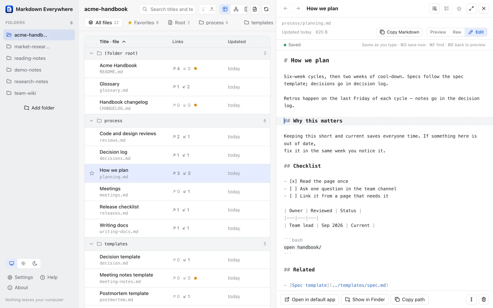Markdown Everywhere Pro editing planning.md next to the table of files, with Saved and the editor shortcuts shown
