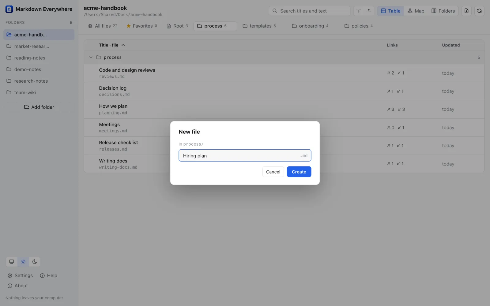 The New file dialog creating Hiring plan.md inside the process folder
