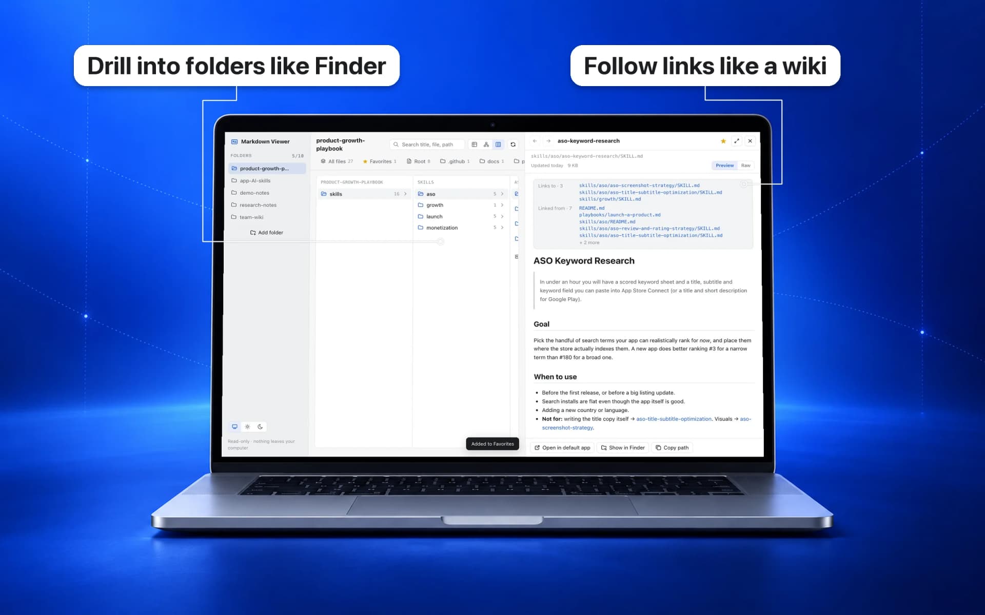 Folders view and reader: drill into subfolders like Finder and read a rendered file with its links in and out