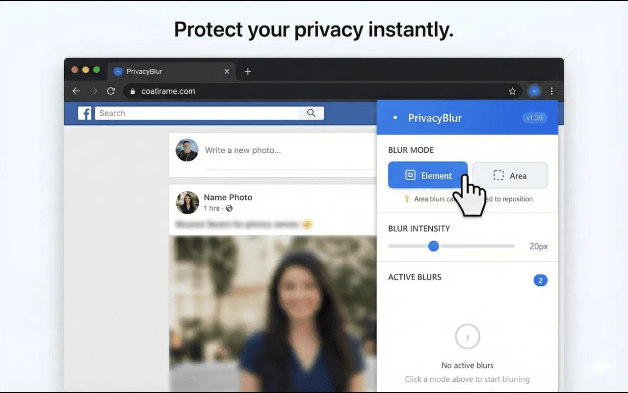 Privacy Blur popup next to a social feed: Element and Area blur modes, a blur intensity slider at 20px, and a profile photo blurred on the page