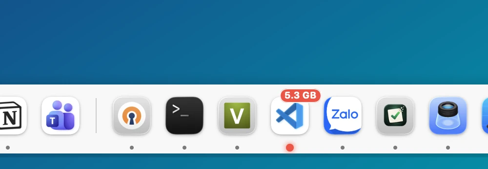 Close-up: Visual Studio Code with a red dot and a 5.3 GB tag