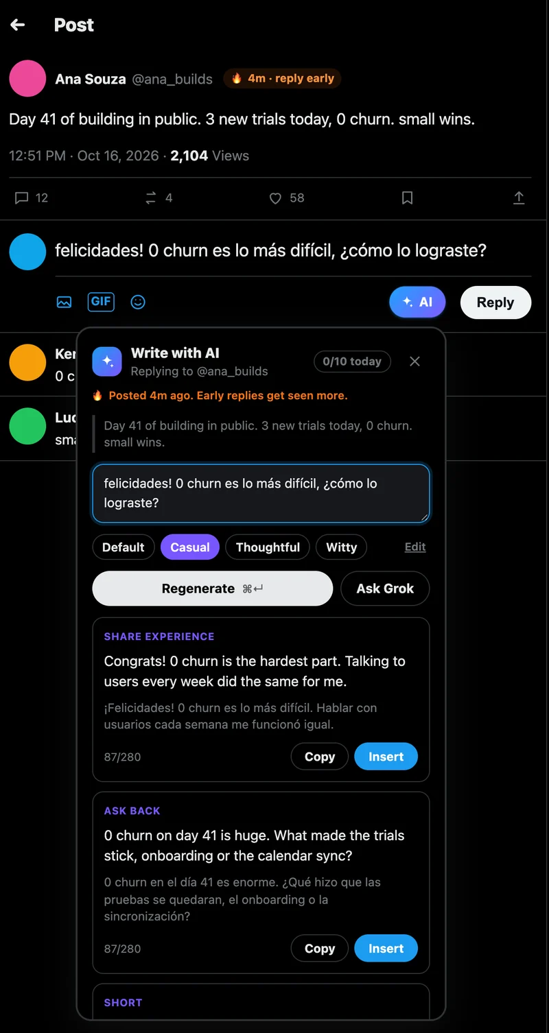 AI Reply for X panel open under the reply box on an X post, with English drafts and their Spanish translation
