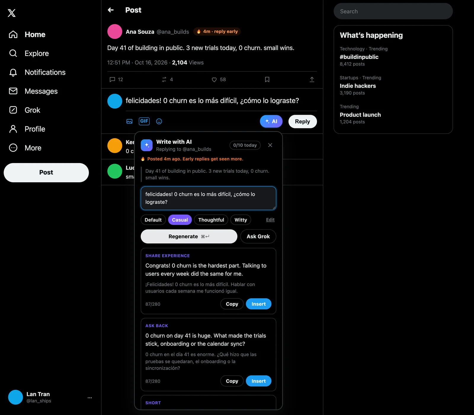 AI Reply for X open on an X post: the AI button next to Reply, and a Write with AI panel with English drafts and a Spanish translation line under each