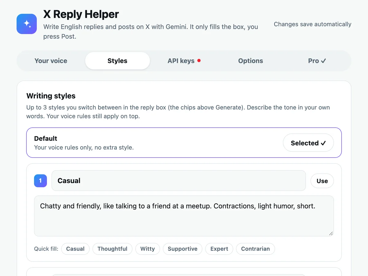 AI Reply for X settings, Styles tab: Default plus three writing styles, Casual, Thoughtful and Witty, each described in plain words