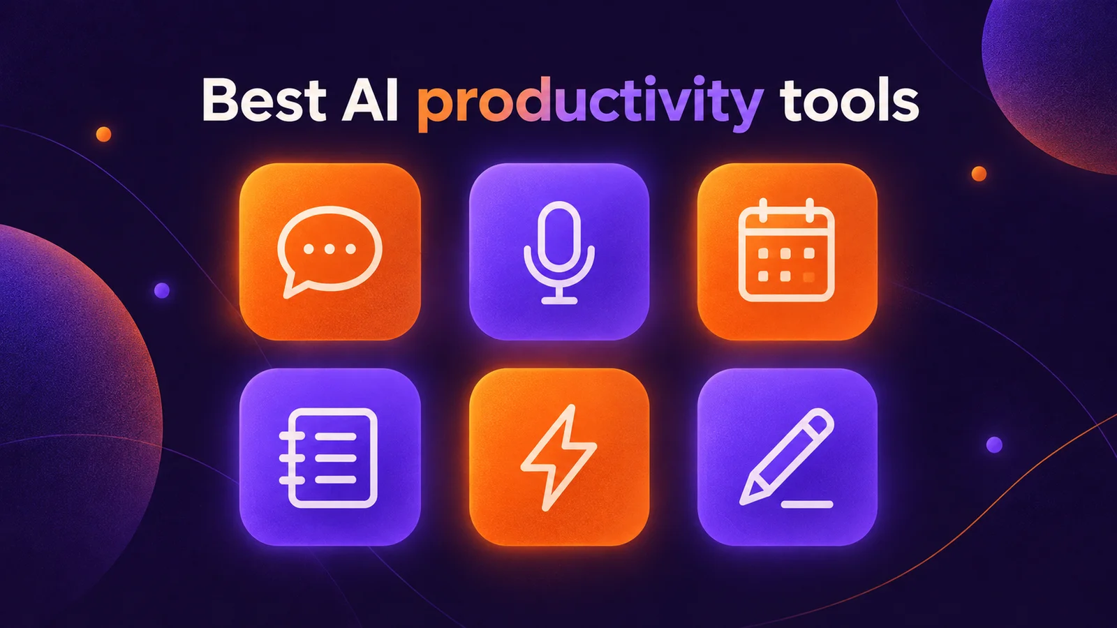 A tidy desk toolkit of glowing app tiles for chat, meetings, calendar, notes and automation