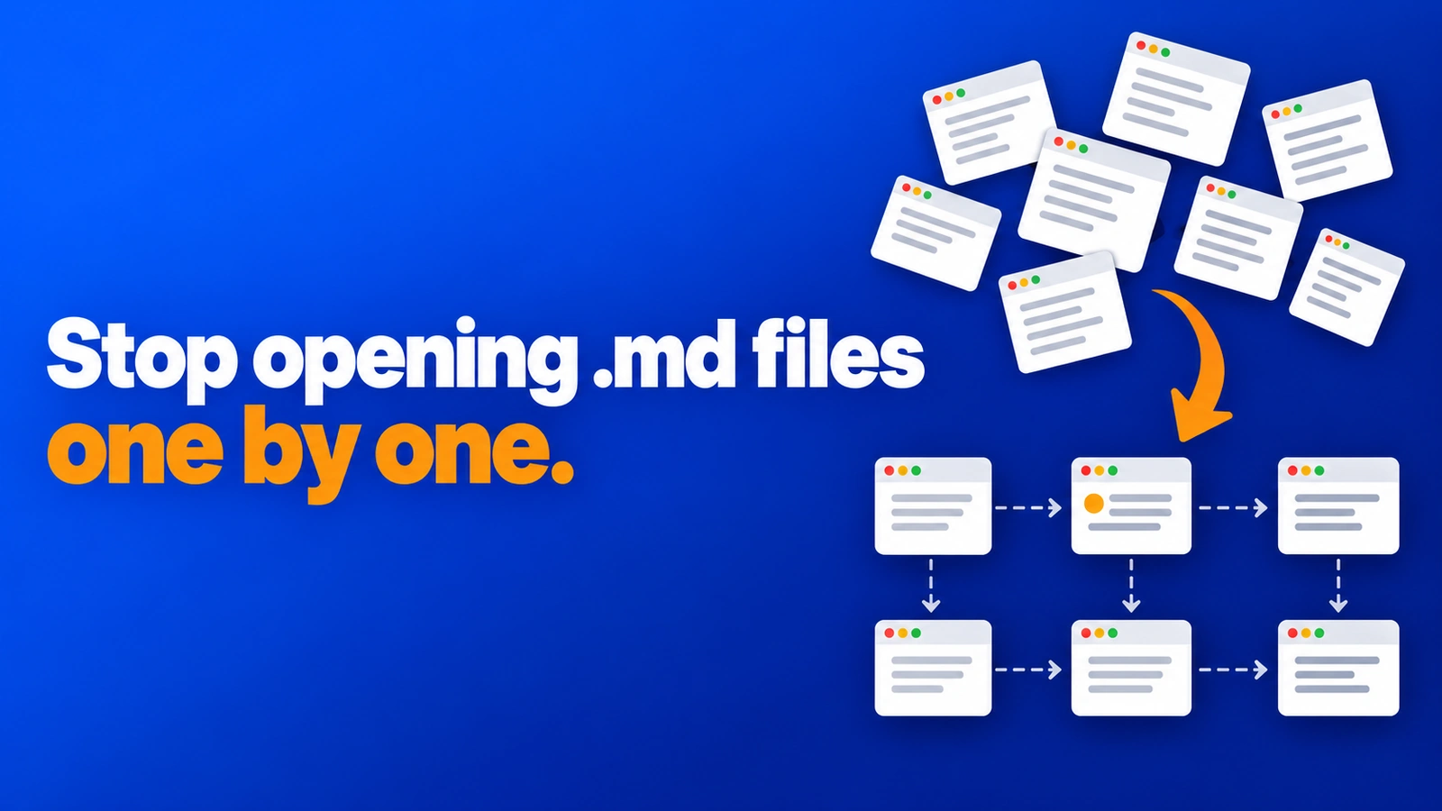 Cover with the headline Stop opening .md files one by one, next to a scattered pile of files turning into a tidy map of linked cards