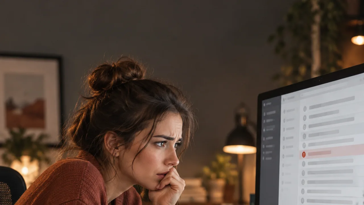 A worried developer rests her chin on her hand, looking at a long task list with one item marked red.