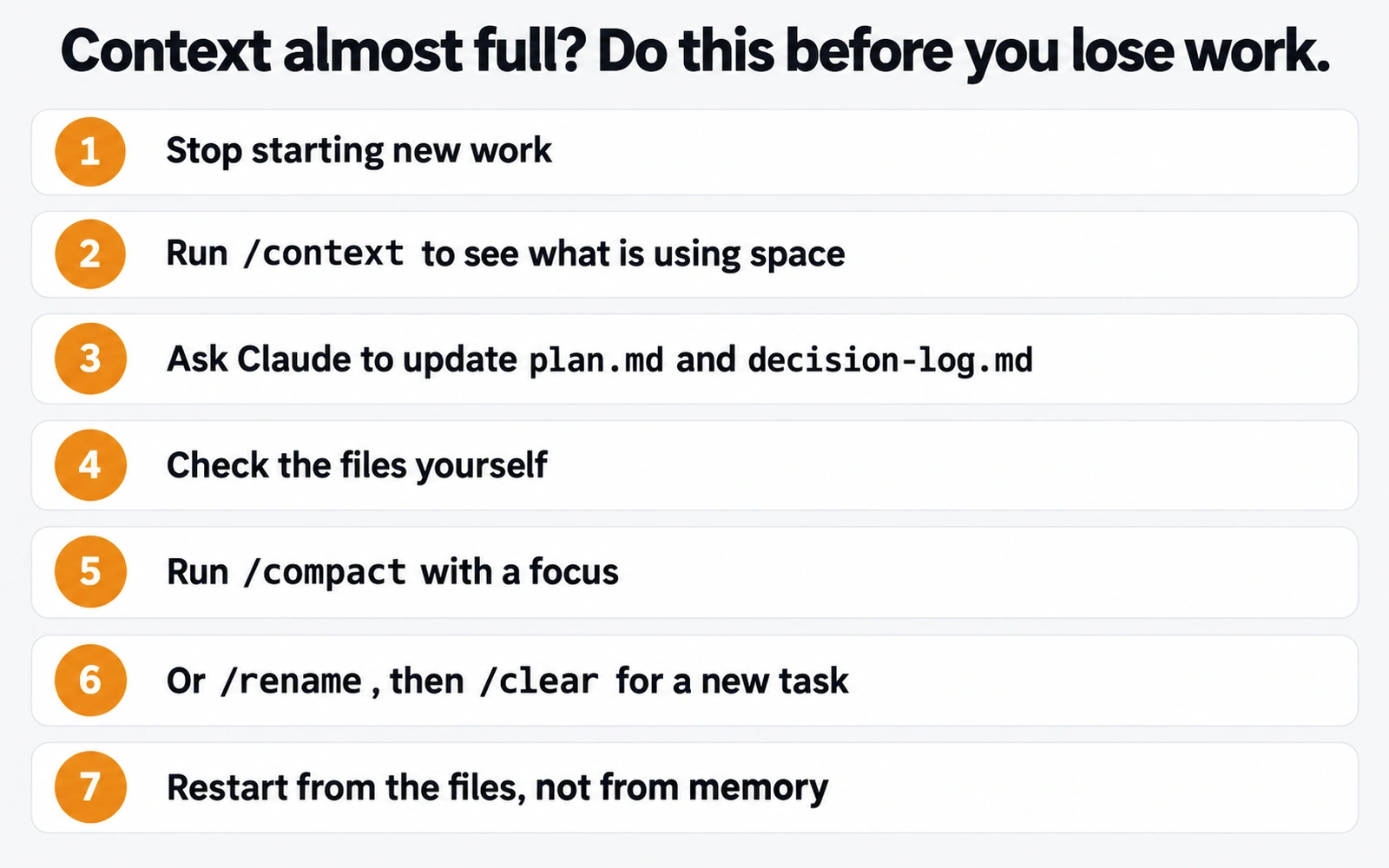 Checklist titled Context almost full? Do this before you lose work, with seven steps from stopping new work to restarting from the files