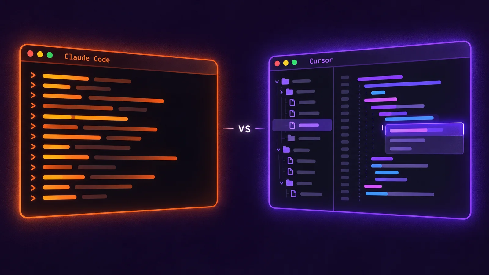 A terminal window labeled Claude Code next to a code editor window labeled Cursor on a dark purple background