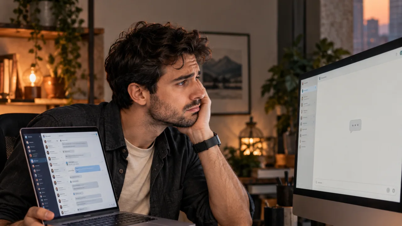 A developer holds a laptop next to his desktop monitor, realizing the session he needs is on the other machine.