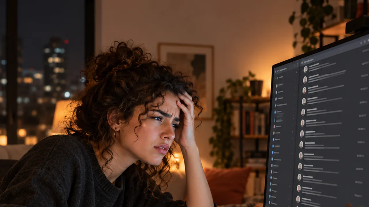 A frustrated developer holds her head while scrolling a long list of chat sessions on a monitor.