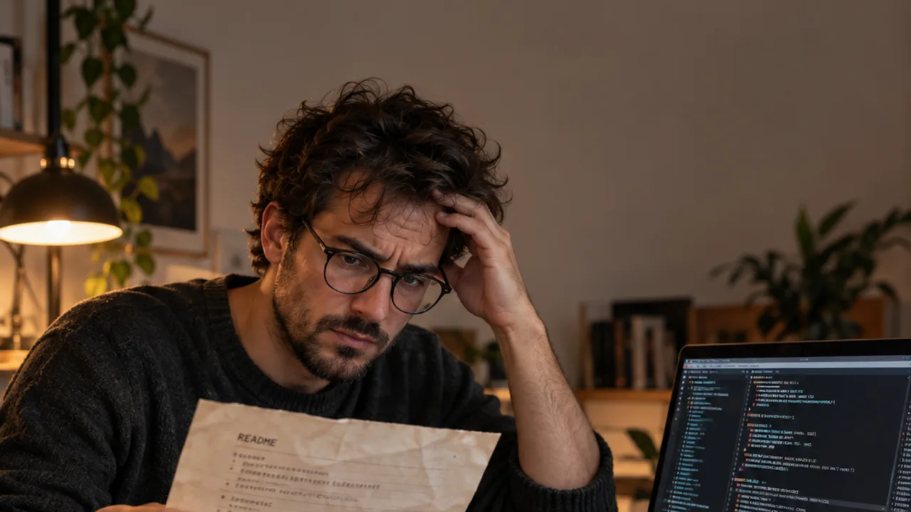 A developer with glasses holds his head while reading an old printed note, trying to recall how to start a project.