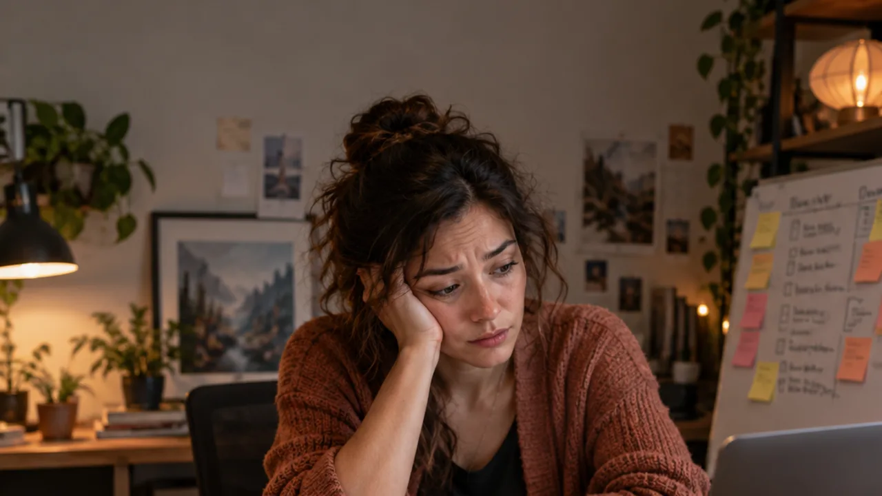 A developer rests her head on her hand among books, a game controller, sticky notes and a laptop.