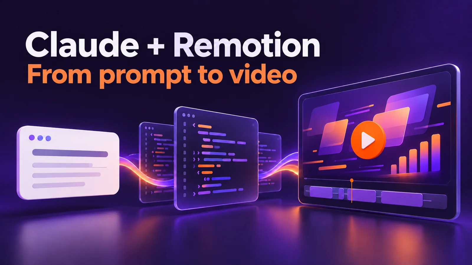 Illustration of a prompt becoming React code and a motion-graphics video with Claude and Remotion.
