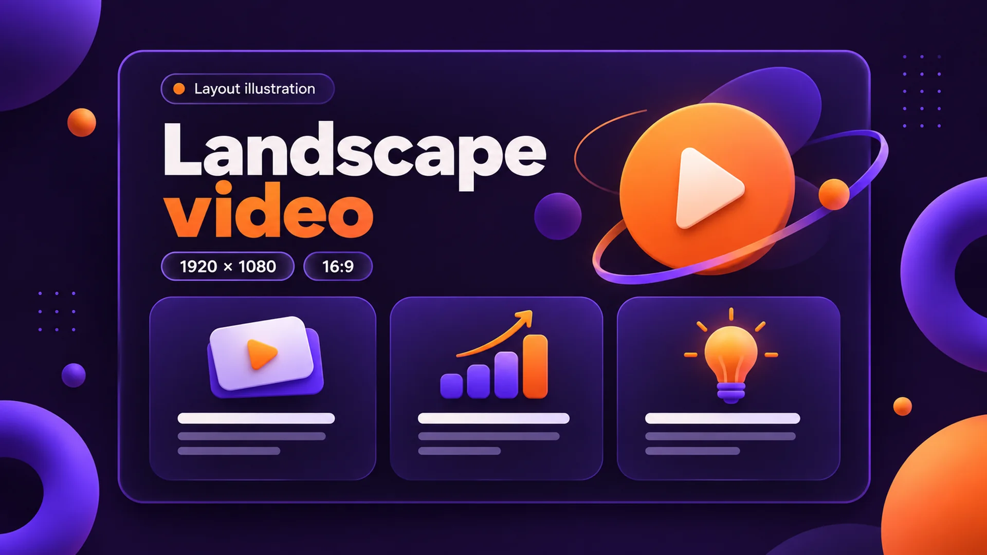 Layout illustration for a 1920×1080 landscape video, with a title and three cards arranged in a row.
