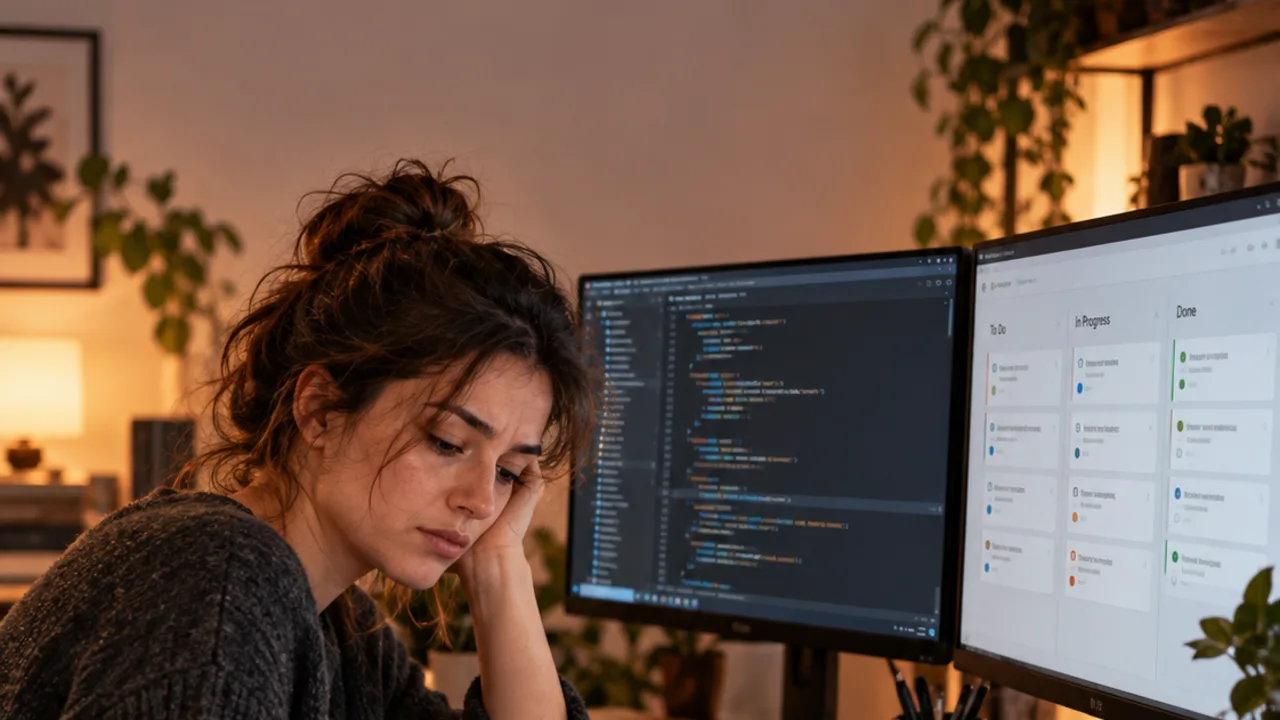 A developer writes in a notebook next to two monitors, copying task status from one place to another.