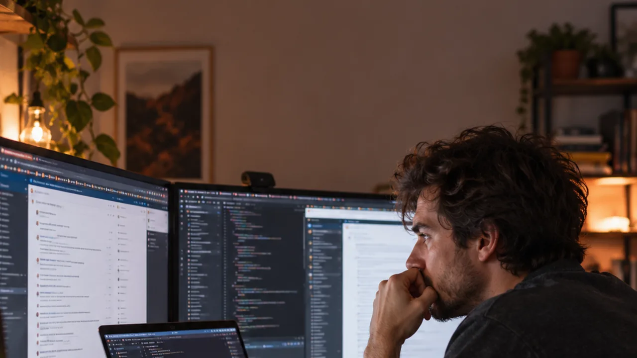 A developer rubs his temple in front of three screens crowded with overlapping terminal and chat windows.