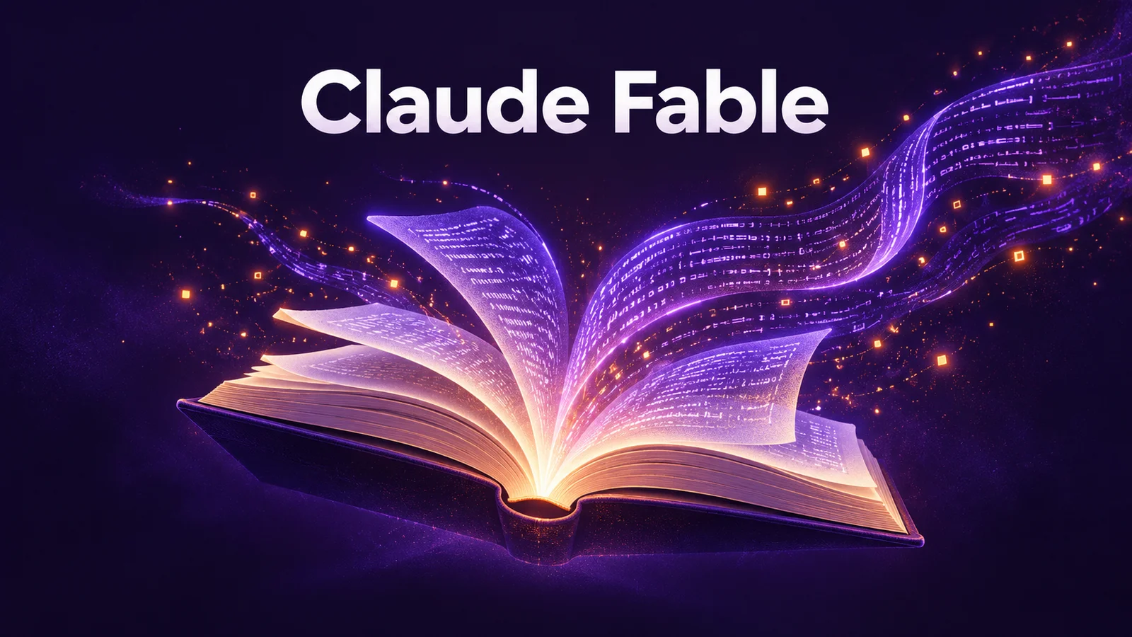 An open glowing storybook on a dark purple background with the words Claude Fable above it
