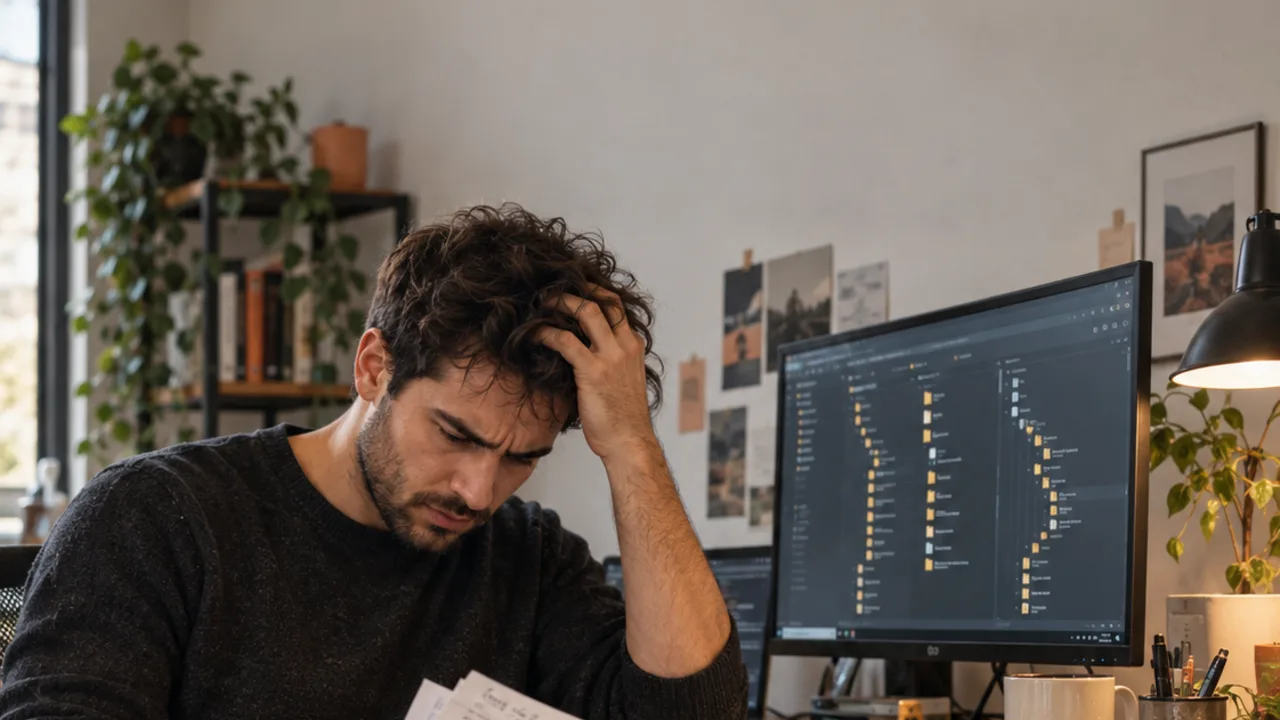 A developer flips through printouts next to an open drawer of papers, searching for a plan document.