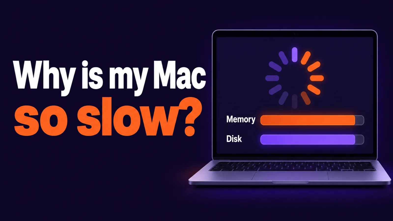 Cover with the headline Why is my Mac so slow, next to a laptop showing a spinning wait cursor, a full memory bar and a full disk bar