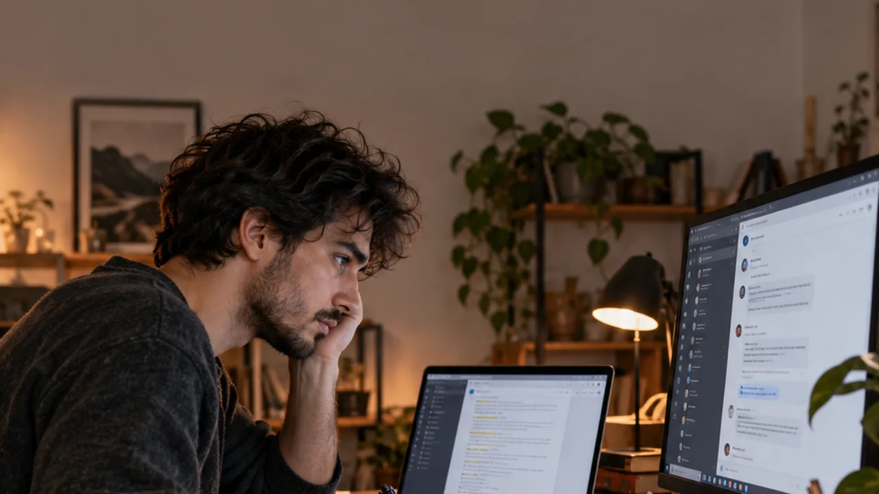 A developer takes handwritten notes while copying text between a laptop chat and a large monitor.
