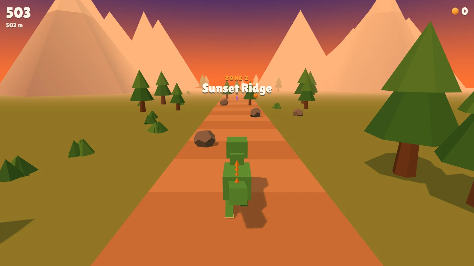 Fern Valley Run gameplay: a green raptor runs down an orange road between pine trees toward the Sunset Ridge zone